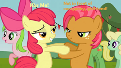 Size: 720x404 | Tagged: safe, artist:thegamerpainter, edit, edited screencap, screencap, apple bloom, apple honey, apple tarty, babs seed, red gala, earth pony, apple family reunion, appleseed, bedroom eyes, cousins, duo, female, holding hooves, implied shipping, looking at each other, sweet apple acres, text, text edit, youtube link
