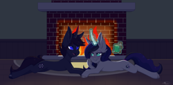 Size: 2500x1233 | Tagged: safe, artist:melodytheartpony, oc, oc only, pony, unicorn, blushing, candy, candy cane, carpet, curved horn, dark room, female, feral, fire, fireplace, food, holding hooves, hooves, hot chocolate, looking at each other, lying down, magic, male, mare, marshmallow, mug, romantic, stallion, telekinesis, wooden floor