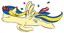 Size: 1435x736 | Tagged: safe, artist:jh, ponerpics import, oc, oc only, oc:ukraine, pegasus, pony, deleted from derpibooru, eyes closed, female, floral head wreath, flower, flying, leaves, mare, nation ponies, ponified, simple background, solo, ukraine, white background, wreath