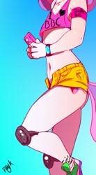 Size: 485x880 | Tagged: safe, artist:dragk, sweetie belle, anthro, armband, belly, belly button, bracelet, cutie mark, faceless female, female, jewelry, knee pads, phone, shoes, shorts, skimpy outfit, tail, tanktop