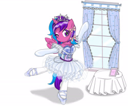Size: 2692x2228 | Tagged: safe, artist:avchonline, oc, oc only, oc:melody aurora, alicorn, semi-anthro, accessories, alicorn oc, arabesque, arm raised, ballerina, ballet, ballet pose, ballet slippers, bipedal, bow, clothes, curtains, female, frilly, frilly dress, frilly tutu, gloves, horn, jewelry, looking at you, mare, on one leg, one eye closed, picture, picture frame, pose, ribbon, table, tablecloth, tiara, tights, tutu, tututiful, window, wings, wink