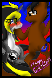 Size: 1181x1748 | Tagged: safe, artist:juliet-gwolf18, derpibooru import, oc, oc only, alicorn, earth pony, pony, abstract background, alicorn oc, bipedal, blushing, duo, earth pony oc, female, happy birthday, hoof shoes, horn, male, mare, stallion, wings, yin-yang