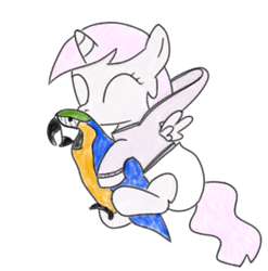 Size: 2588x2616 | Tagged: safe, artist:millifoal, derpibooru import, princess celestia, alicorn, bird, parrot, pony, cewestia, clothes, diaper, female, filly, foal, hoodie, macaw, plushie, younger