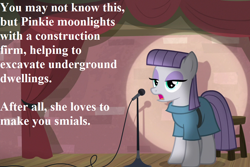 Size: 972x648 | Tagged: safe, derpibooru import, edit, edited screencap, screencap, maud pie, the maud couple, clothes, cropped, dress, implied pinkie pie, lord of the rings, maud the comedian, microphone, pun, speech, spotlight, stage, talking