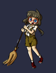 Size: 536x696 | Tagged: safe, artist:spheedc, derpibooru import, oc, oc only, oc:sphee, human, bipedal, broom, clothes, digital art, glasses, gray background, humanized, looking at you, simple background, solo