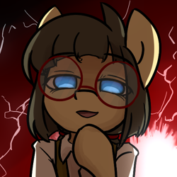 Size: 500x500 | Tagged: safe, artist:spheedc, derpibooru import, oc, oc only, oc:sphee, earth pony, semi-anthro, bipedal, clothes, digital art, female, filly, glasses, glowing eyes, mare, parody, smug