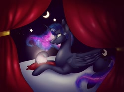 Size: 1080x801 | Tagged: safe, artist:rxndxm.artist, derpibooru import, princess luna, alicorn, pony, crescent moon, crystal ball, ethereal mane, female, galaxy mane, lying down, mare, missing accessory, moon, prone, solo, stars, ych example, your character here