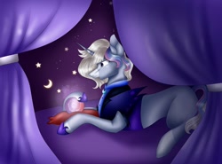 Size: 1080x801 | Tagged: safe, artist:rxndxm.artist, derpibooru import, oc, oc only, pony, unicorn, commission, crescent moon, crystal ball, hoof shoes, horn, indoors, lying down, moon, prone, solo, stars, unicorn oc, ych result