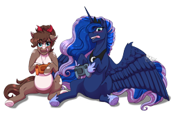 Size: 4000x2857 | Tagged: safe, artist:jack-pie, derpibooru import, princess luna, oc, alicorn, pony, blushing, commission, controller, dexterous hooves, duo, gamer luna, hoof hold, licking, licking lips, playing, simple background, tongue out, transparent background