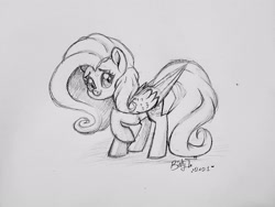 Size: 2578x1935 | Tagged: safe, artist:binkyt11, derpibooru import, fluttershy, pegasus, pony, female, mare, monochrome, raised hoof, simple background, solo, traditional art, white background