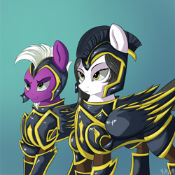 Size: 2000x2000 | Tagged: safe, artist:vell221, derpibooru import, oc, oc only, oc:captain inclement, oc:sky fury, pegasus, pony, armor, blue background, boots, clothes, commission, duo, female, gloves, guard, helmet, mare, royal guard, shoes, simple background