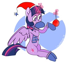 Size: 1377x1119 | Tagged: safe, alternate version, artist:lowname, derpibooru import, twilight sparkle, twilight sparkle (alicorn), alicorn, pony, abstract background, bauble, christmas, clothes, colored, female, gloves, glowing horn, hat, holiday, horn, magic, mare, santa hat, sitting, solo, telekinesis, thinking