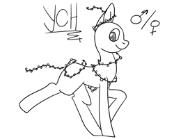 Size: 2500x2000 | Tagged: safe, artist:lowname, derpibooru import, oc, oc only, earth pony, pony, bald, christmas, christmas lights, commission, earth pony oc, holiday, lineart, monochrome, running, simple background, smiling, solo, white background, your character here