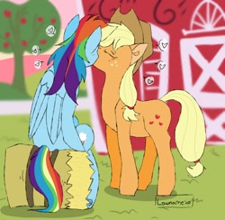 Size: 2216x2160 | Tagged: safe, artist:lowname, derpibooru import, applejack, rainbow dash, earth pony, pegasus, pony, apple, apple tree, appledash, barn, eyes closed, female, freckles, hat, hay bale, kissing, lesbian, mare, outdoors, shipping, signature, sitting, tree