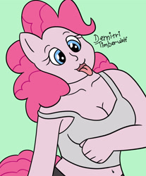 Size: 2900x3500 | Tagged: safe, artist:demitri, derpibooru import, pinkie pie, anthro, :3, belly button, breasts, cleavage, collarbone, cute, diapinkes, open mouth, pinkie pies, signature, solo, tongue out, wingding eyes