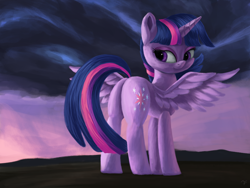 Size: 4000x3000 | Tagged: safe, artist:flusanix, derpibooru import, twilight sparkle, twilight sparkle (alicorn), alicorn, pony, butt, female, looking at you, looking back, looking back at you, looking over shoulder, mare, plot, rear view, solo, spread wings, twibutt, wings