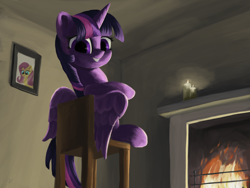 Size: 4000x3000 | Tagged: safe, artist:flusanix, derpibooru import, fluttershy, twilight sparkle, twilight sparkle (alicorn), alicorn, pegasus, pony, candle, chair, female, fireplace, looking at you, looking back, looking back at you, looking over shoulder, mare, rear view, sitting, solo