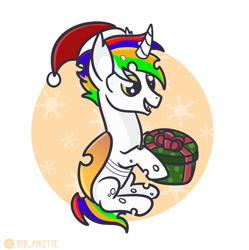 Size: 1280x1287 | Tagged: safe, artist:redpalette, derpibooru import, oc, changeling, changeling oc, christmas, christmas changeling, commission, cute, happy, hat, holiday, male, present, santa hat, sitting, smiling, your character here