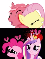 Size: 1900x2473 | Tagged: safe, artist:guruyunus17, derpibooru import, fluttershy, pinkie pie, princess cadance, alicorn, earth pony, pegasus, pony, aelita schaeffer, code lyoko, crossover, crying, cute, diapinkes, eyes closed, female, happy, heartbreak, lost, mare, open mouth, sad, teeth