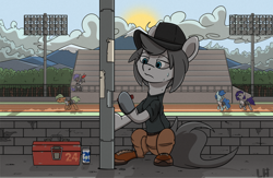 Size: 1952x1276 | Tagged: safe, artist:la hum, derpibooru import, oc, oc only, bat pony, earth pony, pegasus, pony, unicorn, boots, box, can, cap, cheek fluff, clothes, hat, lidded eyes, mountain, mountain range, pants, race track, scenery, screwdriver, shirt, shoes, sitting, sweat, team fortress 2