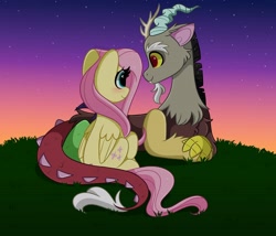 Size: 4096x3505 | Tagged: safe, artist:kittyrosie, derpibooru import, discord, fluttershy, draconequus, pegasus, pony, blushing, cute, duo, eye contact, female, grass, heart, high res, looking at each other, lying down, male, mare, night, outdoors, prone, redraw, sitting, stars, sunset