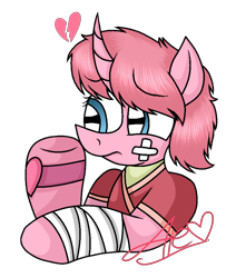 Size: 800x942 | Tagged: safe, artist:guruyunus17, derpibooru import, pony, unicorn, aelita schaeffer, bandage, base used, blue eyes, code lyoko, crossover, female, heart, heartbreak, i can't believe it's not 徐詩珮, mare, pink hair, sad, simple background, solo, transparent background, watch