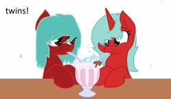 Size: 1024x593 | Tagged: safe, derpibooru import, oc, oc only, earth pony, pony, unicorn, angry, base used, earth pony oc, happy, horn, milkshake, sharing a drink, simple background, twins, unicorn oc