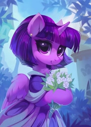 Size: 1471x2048 | Tagged: safe, artist:share dast, derpibooru import, twilight sparkle, twilight sparkle (alicorn), alicorn, pony, the last problem, alternate hairstyle, bouquet, chest fluff, clothes, coronation dress, cute, dress, ear fluff, ears, female, flower, looking at you, mare, pretty, second coronation dress, short hair, solo, twiabetes