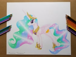 Size: 4032x3024 | Tagged: safe, artist:maximustimaeus, derpibooru import, princess celestia, alicorn, pony, colored pencil drawing, crown, female, happy, hooves, jewelry, mare, regalia, smiling, solo, traditional art