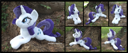 Size: 4178x1754 | Tagged: safe, artist:peruserofpieces, derpibooru import, rarity, pony, unicorn, beanie (plushie), female, happy, irl, looking at you, lying down, mare, photo, plushie, prone, smiling, smiling at you, solo, sploot, tree