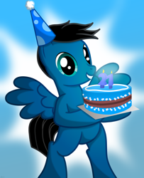 Size: 5346x6600 | Tagged: safe, artist:agkandphotomaker2000, derpibooru import, oc, oc:pony video maker, pegasus, pony, birthday, birthday cake, cake, candle, food, hat, party hat, show accurate, simple background, spread wings, wings