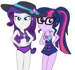 Size: 7984x7422 | Tagged: safe, artist:firesidearmy46231, derpibooru import, rarity, sci-twi, twilight sparkle, equestria girls, equestria girls series, forgotten friendship, bedroom eyes, belly button, bikini, clothes, duo, duo female, female, glasses, hairpin, hands behind back, hands on hip, hat, lidded eyes, looking at you, ponytail, simple background, sun hat, swimsuit, transparent background, vector