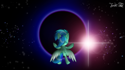 Size: 2000x1125 | Tagged: safe, artist:jadebreeze115, derpibooru import, oc, oc only, oc:jade breeze, pegasus, pony, bipedal, black hole, colored wings, dramatic, flying, gradient wings, hooves up, looking back, male, reference, solo, space, stallion, stars, sun, wings