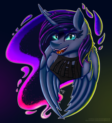 Size: 1819x2000 | Tagged: safe, artist:midnightsix3, derpibooru import, nightmare moon, alicorn, anthro, curved horn, fangs, female, gradient background, horn, mare, slit eyes, solo, wings