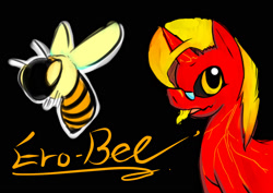 Size: 1606x1134 | Tagged: safe, artist:ero-bee, derpibooru import, oc, oc only, bee, insect, pony, unicorn, 2015, black background, glasses, horn, signature, simple background, tongue out, unicorn oc