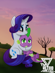 Size: 1400x1866 | Tagged: safe, artist:theretroart88, derpibooru import, rarity, spike, dragon, pony, unicorn, blushing, female, male, shipping, sparity, straight, sunset, tree