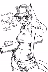 Size: 1378x2039 | Tagged: safe, artist:ero-bee, derpibooru import, anthro, earth pony, pony, 2016, clothes, daisy dukes, female, glasses, grenade launcher, jewelry, lineart, metal slug, monochrome, necklace, ponified, shorts, smiling