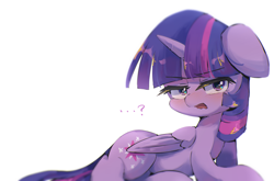 Size: 2809x1852 | Tagged: safe, artist:lexiedraw, derpibooru import, twilight sparkle, twilight sparkle (alicorn), alicorn, pony, blushing, female, grumpy, grumpy twilight, lidded eyes, mare, open mouth, question mark, simple background, solo, white background