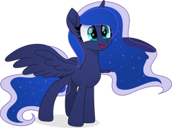 Size: 6001x4462 | Tagged: safe, artist:pumpkinpieforlife, derpibooru import, princess luna, alicorn, pony, absurd resolution, cute, female, lunabetes, mare, open mouth, simple background, smiling, solo, spread wings, transparent background, vector