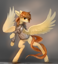 Size: 2300x2560 | Tagged: safe, artist:ssnerdy, derpibooru import, oc, oc only, pegasus, pony, clothes, hoodie, jewelry, necklace, rearing, sidemouth, smiling, solo, spread wings, wings