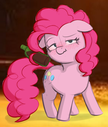 Size: 1244x1464 | Tagged: safe, artist:anonymous, artist:heretichesh, derpibooru import, pinkie pie, earth pony, pony, alcohol, blushing, bottle, colored, derp, drawthread, drunk, drunkie pie, hair hold, looking at you, solo, wine