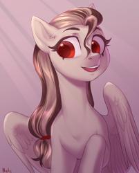 Size: 3216x4000 | Tagged: safe, artist:helemaranth, derpibooru import, oc, oc only, oc:indicia, pegasus, pony, bust, female, mare, open mouth, pegasus oc, portrait, red eyes, smiling, solo, wings