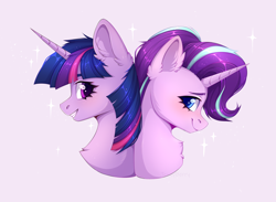 Size: 1808x1320 | Tagged: safe, artist:jennyberry, derpibooru import, starlight glimmer, twilight sparkle, alicorn, pony, unicorn, back to back, bust, chest fluff, duo, duo female, ear fluff, ears, female, grin, horn, looking at each other, mare, portrait, simple background, smiling, sparkles