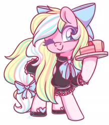 Size: 1652x1905 | Tagged: safe, artist:musicfirewind, derpibooru import, oc, oc only, oc:bay breeze, pegasus, pony, bow, cake, clothes, cute, dress, female, food, hair bow, maid, mare, ocbetes, one eye closed, shoes, simple background, solo, tail bow, white background, wink