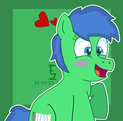 Size: 1018x1001 | Tagged: safe, artist:icecreamjaxxie, derpibooru import, oc, oc only, oc:notepad, earth pony, pony, blushing, heart, lined paper, notepad, raised hoof, sitting, smiling, solo