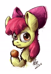 Size: 1906x2746 | Tagged: safe, artist:th3ipodm0n, derpibooru import, apple bloom, pony, dishonorapple, female, filly, food, looking at you, orange, simple background, white background