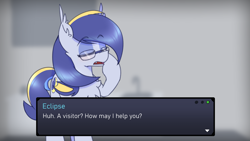 Size: 1920x1080 | Tagged: safe, artist:puetsua, derpibooru import, oc, oc only, oc:eclipse lim, bat pony, pony, chest fluff, dialogue, ear fluff, ears, eyebrows visible through hair, eyes closed, fangs, female, mare, open mouth, solo