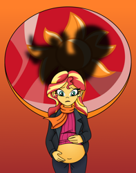 Size: 1600x2033 | Tagged: safe, alternate version, artist:niban-destikim, artist:pacificside18, derpibooru import, sunset shimmer, comic:inner thoughts, equestria girls, belly, belly button, clothes, cover, cover art, female, fetus, geode of empathy, jacket, magical geodes, pants, pregnant, scarf, sunset preggers, sweater, textless, title, title page