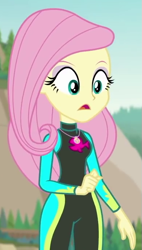 Size: 389x683 | Tagged: safe, derpibooru import, screencap, fluttershy, aww... baby turtles, better together, equestria girls, clothes, cropped, geode of fauna, magical geodes, solo, swimsuit, wetsuit