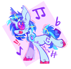 Size: 1226x1182 | Tagged: safe, artist:onionpwder, derpibooru import, dj pon-3, vinyl scratch, pony, unicorn, ear fluff, ears, exclamation point, female, mare, music notes, raised hoof, raised leg, redesign, solo, tongue out, unshorn fetlocks, vinyl's glasses